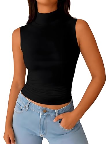 ForeFair Womens Mock Turtleneck Sleeveless Tank Top Double Lined Going Out Tops Ruched Basic Tight Tee Shirts(S Black)