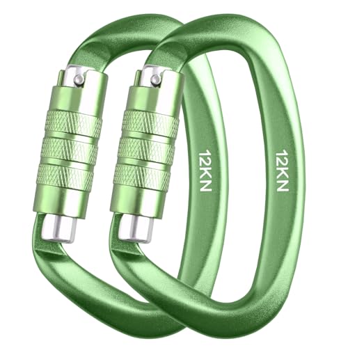 Azarxis Mosquetones de Bloqueo 12KN Mosquetones de Escalada con Cierre de Resorte en Forma de D Mosquetón de Aluminio Resistente para Hamaca Acampar Senderismo (Verde - 2 Piezas)