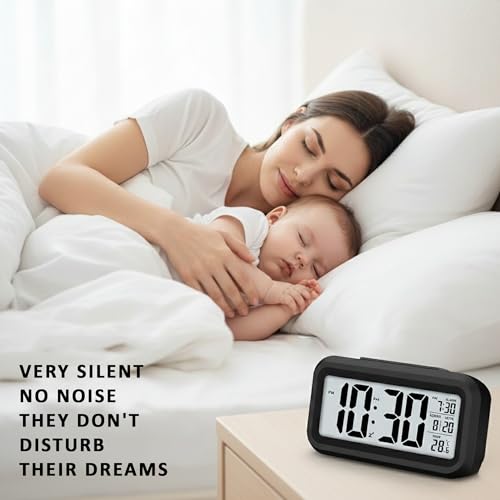 Image of Auromin Digital Alarm Clock with Auto Sensor, Time, Date, Temperature Display & Silent Operations | Loud Alarm for Heavy Sleepers | Desk Table Clock for Students, Bedroom, Office