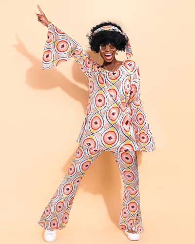 Jexine 70s Women Disco Outfit Costume Disco Party Top Pants Sunglasses Ball Necklace Earring Wig for Halloween New Year Eve