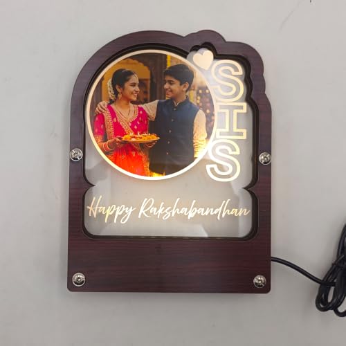 Image of lampees Personalised Happy Rakshabandhan LED Photo Frame, 200x150 mm | UV Printed Acrylic, Soft LED Backlight, Wood Frame Base, USB Powered, Sibling Keepsake