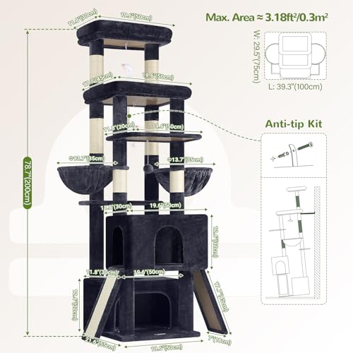 Image of Globlazer Heavy Duty Cat Tree 78 inch Sturdy Cat Tower for 20lbs Large Adult Cats, Symmetrical Aesthetic Big Cat Tree with Extra Large Platform, 2 Scratching Boards, Z78, Dark Grey