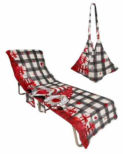 Valentine Beach Chair Towel Covers for Chaise Lounge with Side Pocket, Soft Plush Pool Towels Cover for Patio Sunbathing Outdoor 29''x85'' Buffalo Plaid Gnomes Love Valentine's Day