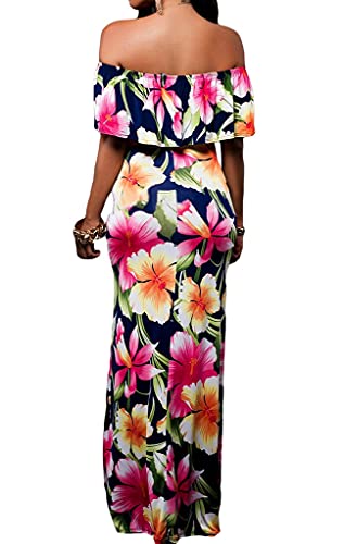 Happy Sailed Women Prom Floral Off Shoulder Bodycon Maxi Dress For Evening, Large Navy Blue #TOP1