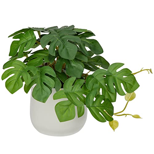 Oairse Small Artificial Plants in Ceramic Pots Decorative Fake Potted Plants Faux Monstera Leaves Realistic Greenery Tropical Plant Indoor for Aesthetic Home Office Kitchen Bathroom Desk Décor