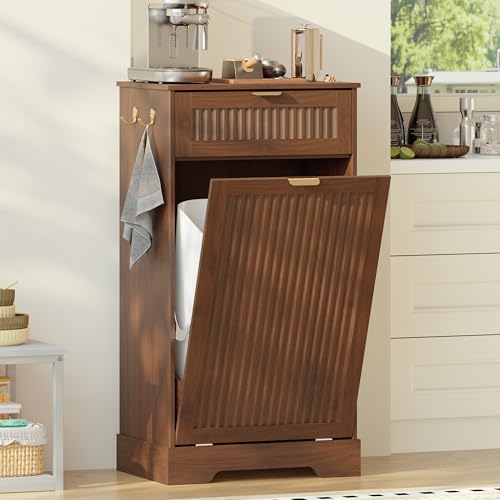 Image of Single 13 Gallon Tilt Out Trash Can Cabinet,Garbage Cabinet with Drawer | Hidden Garbage Storage with Fluted Design, Drawer & Hooks for Kitchen, Dining Room and Small Space Organization,Walnut