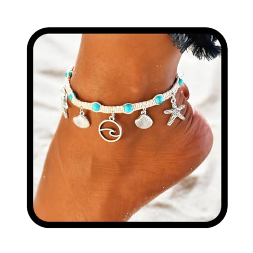 Handcess Boho-Fußkettchen, Türkis, Seestern, Silber, Muschel, Welle, Strand, geflochten, Schmuck für Damen und Mädchen