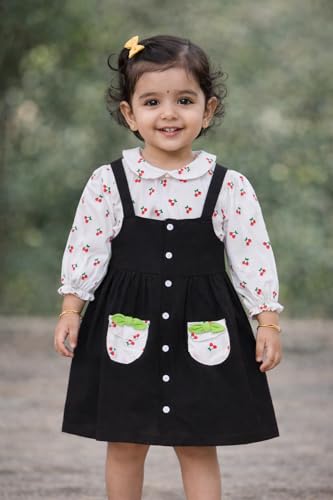 Image of babeezworld Baby Girl Cotton Dress - Full Sleeves Knee Length fit and Flare Dungaree Frock jhabla Regular fit top Tshirt
