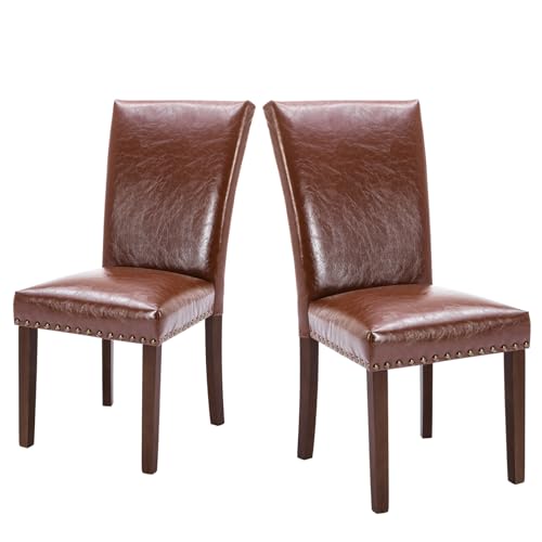 Image of COLAMY Upholstered Parsons Dining Chairs Set of 2, PU Leather Dining Room Kitchen Side Chair with Nailhead Trim and Wood Legs - Light Brown
