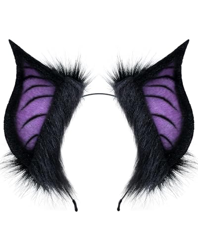 BNLIDES Handmade Bat Beast Ears Headband Adult Cosplay Costume Accessories for Halloween Anime Con Stage Performance (Black Purple)