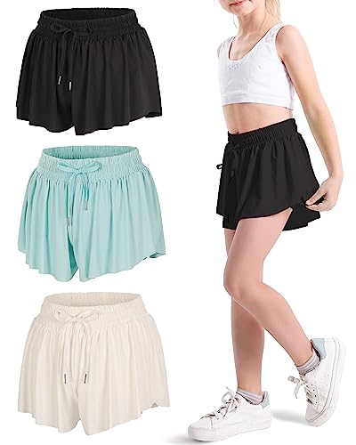 Image of KEREDA Girls Flowy Shorts,Youth /Toddler Butterfly Shorts with Spandex Liner 2-in-1 for Running,Sports,Athletic,Fitness,Tennis