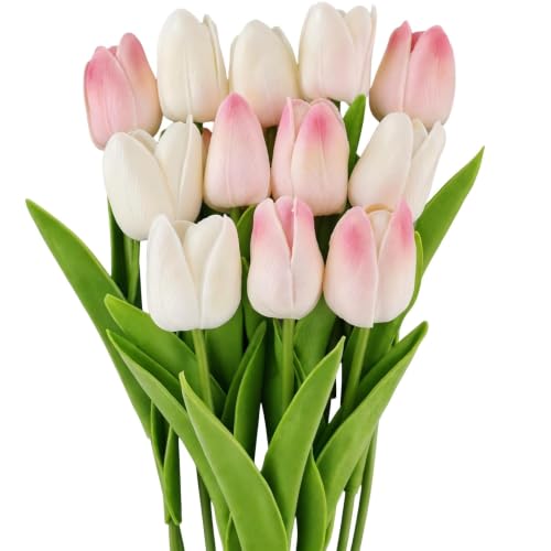 EASYKEENECOM 12 Piezas Tulipanes Artificiales, Toque Real Tulipán Flores Artificiales Flores Falsa por Casa Boda Ramo Fiesta Habitación Arreglo Bricolaje Decoración (Blanco & Rosa)