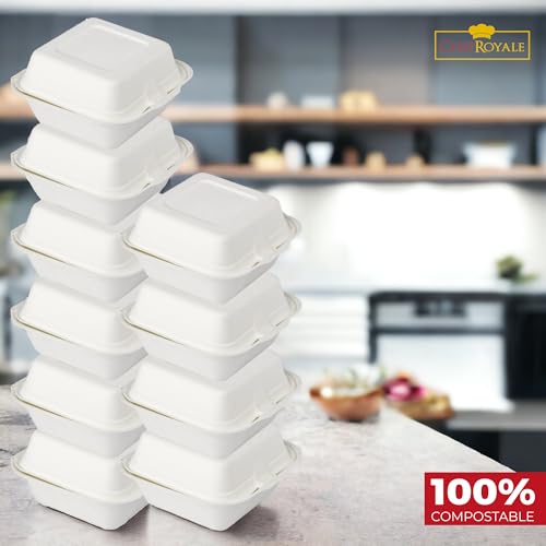 CHEF ROYALE 6" Inches Bagasse Burger Box. Disposable White Bagasse Box for Burger.Biodegradable and Compostable Sugarcane Clamshell Takeaway Box. (10) - Image 6