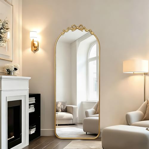 LIN KANG Golden Bow Arched Floor-Standing Full-Length Mirror: Vintage Baroque Style, Catering to Both Full-Body Dressing and Makeup Lighting Needs, Versatile for Bedroom/Living Room/Corridor,56"x21"