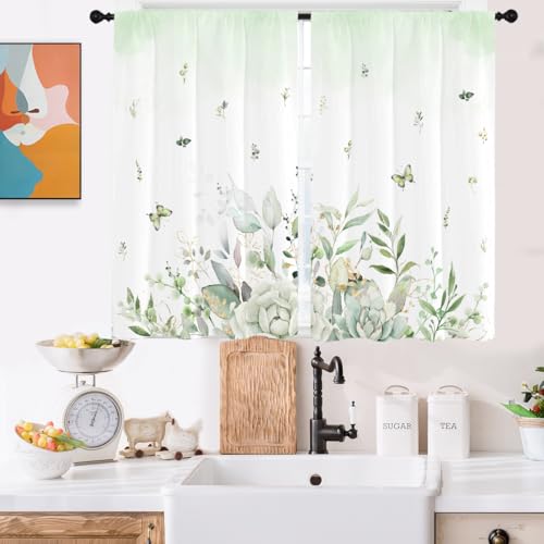 Kikiry Floral Kitchen Curtain Short 27.5'' W x 39'' L Small Mini Short Cafe Botanical Leaves Boho Green Spring Vintage Window Flower Succulent Cute Bathroom Drape Treatment Tiers Fabric 1 Pair