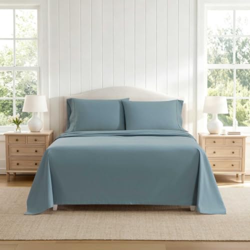 Image of Martha Stewart - Cotton Percale King Sheet Set with Pillowcases | 100% Cotton Percale, Crisp & Breathable, Fits Up to 17-Inch Mattresses, Includes Flat Sheet, Fitted Sheet & 2 Pillowcases