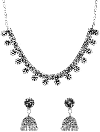 Yellow Chimes Traditional Silver Oxidised Kohlapuri Jewellery Choker Necklace Set for Women