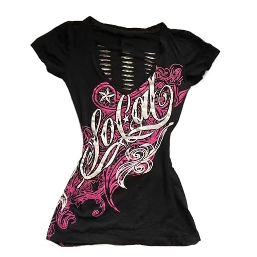 Emo Grunge Top Short Sleeve Y2k Shirts Vintage Streetwear Tops Women 2000s Fashion