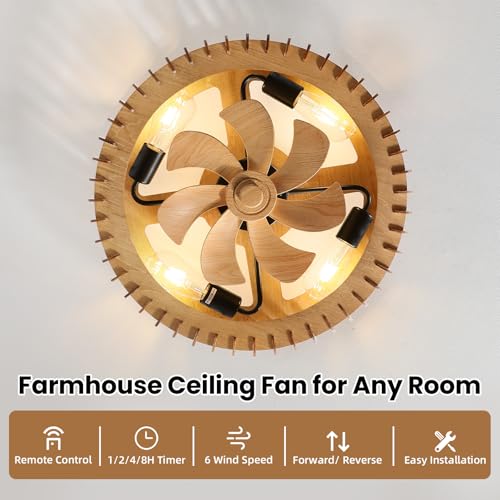 Image of 20 inch Farmhouse Wooden Caged Flush Mount Ceiling Fan with Lights, DC Motor, 6 Speeds Remote Control, Low Profile Bladeless Fandelier for Bedroom, Kitchen, Living Room