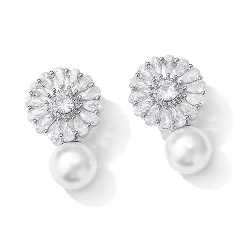 Pearl Dangle Drop Earrings for Wedding Brides Bridesmaids,Cubic Zirconia Pearl Drop Earrings for Women Prom Jewelry Gifts4