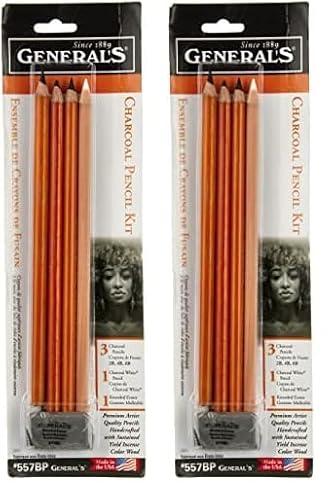 GENERAL'S Charcoal Drawing Set, White/Black, Set of 4 Pencils and 1 Eraser - 321742 (Pack of 2)