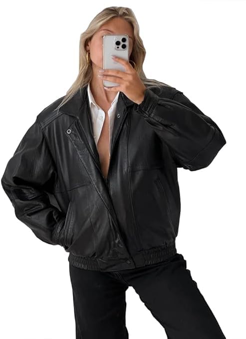 Women's Oversized Genuine Leather Bomber Jacket Plus Size Moto Biker Coat