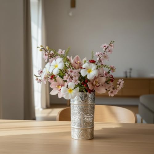 Image of Cylindrical Shape Aluminum Flower Vase for Home Decor, Traditional Embossed Metal Flower Pot for Office Table Decorations, Modern vases, Gift for Festival, 9 inches, German Silver