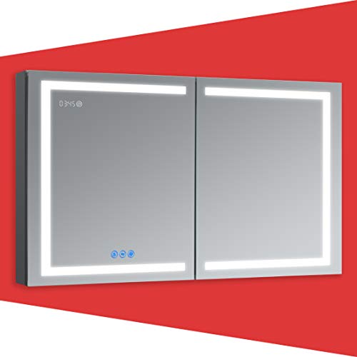 Big Sale DECADOM LED Mirror Medicine Cabinet Recessed or Surface, Defogger, Dimmer, Clock, Room Temp Display, Makeup Mirror 3X, Outlets & USBs (RUBiNi 48x32)