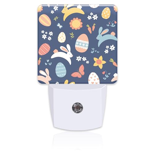 Image of Easter Bunnies and Eggs Night Light, Colorful Rabbits and Flowers Dusk to Dawn Night Light Plug in,0.5w Energy Saving Sleep Friendly NightLight for Kids Boys Girls Home Decor