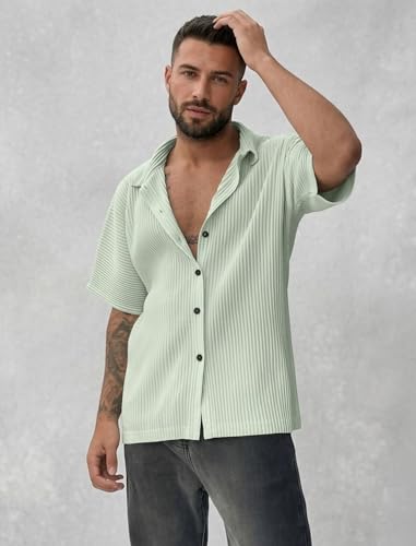 Image of MiraMichi Men's Regular Fit Long Shirt - Corduroy Fabric, Striped Pattern, Half Sleeves, Ideal for Casual