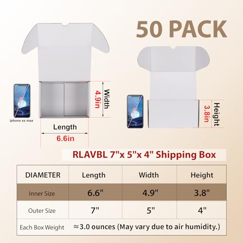 Image of RLAVBL 7x5x4 Shipping Boxes Set of 50, White Corrugated Cardboard Box for Packing, Mailing, Business