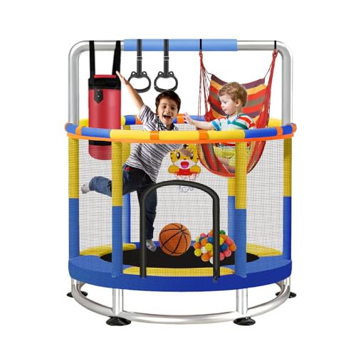 60" Trampoline for Kids with Enclosure Net, Baby Mini 5FT Toddler Trampoline,440lbs Capacity Indoor Outdoor,Birthday for Boys Girls (Blue Yellow) by Hapyugee - Used condition - US$85.24