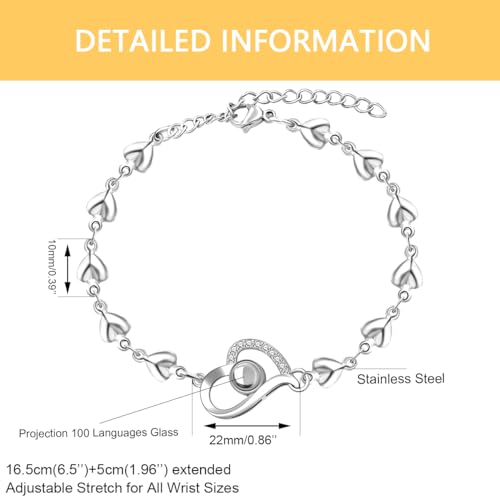 Image of Uloveido Cute Stainless Steel Heart Link Chain Bracelet | 100 Different Languages I Love You Projection Bracelets for Women Girls