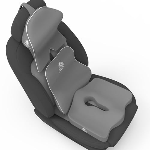 Image of MRRON Memory Foam Posture Corrector Car Seat Cushions Combo | Orthopedic Backrest, Coccyx Cushion & Neckrest | Ergonomic Lumbar Comfort Seat Cushion | Reduces Sciatica (Grey, Long Back)