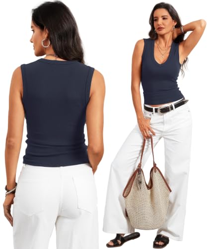 Image of Prettywear Deep V Neck Tank Tops for Women Ribbed Sleeveless Summer Top | Wide Strap, Fitted, Cotton Blend, 2026 Summer Fashion Clothes, Sexy Casual Cute Going Out Tops, Fall Basic Layering Top