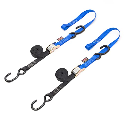Powertye 1In X 6Ft Cam Buckle Soft-Tye Tie-Downs W/S-Hooks - 400 Lb. Wll / 1,200 Lb. Breaking Strength - Made In Usa - Black/Blue (Pair) #TOP22