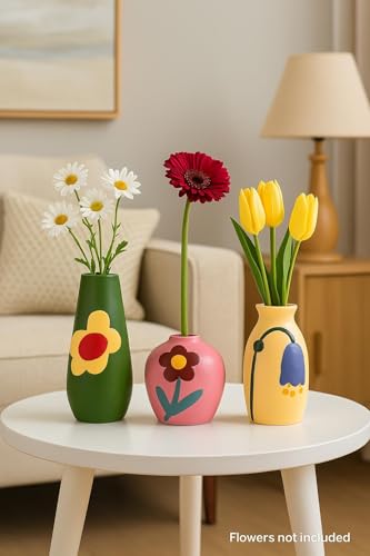 Image of Amazon Basics Handcrafted Artistic Flower Pot Set | A Masterpiece of Color & Creativity | Bring Life to Your Home Decor Pack of 3, Multicolor, Ceramic