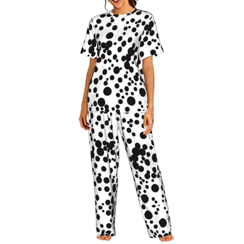 Pyjama à gros pois noirs et blancs pour femme en coton doux