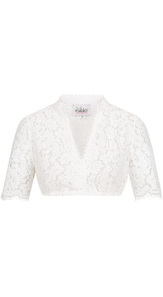 Nübler Dirndlbluse Melani - Damen Trachtenbluse Kurzarm mit Spitze, Stehkragen & V-Ausschnitt, edler Landhausstil - Moderne bayrische Tracht für Dirndl & Festliche Anlässe, Größe:38