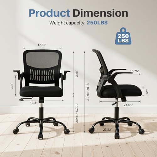 Image of DUMOS Home Office Desk Chair - Ergonomic Computer Mesh Chair with Lumbar Support & Rocking Mode, Height Adjustable, Flip-up Armrest, for Conference, Meeting Room, 360 Swivel, Adults, Black