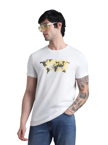 Image of Jack & Jones Men Pure Cotton Graphic Printed Slim Fit T-Shirt