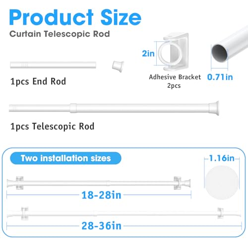 MEXAU White Tension Curtain Rods18 to36 Inch Small Curtain Rods No Drilling Short Tension Rod Adjustable Spring Curtain Rod for Windows Door Closet Pressure Curtain Rod With One Set Rod Holders