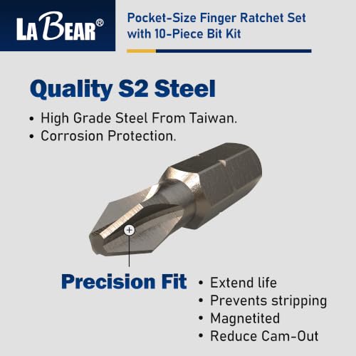 Image of LABEAR Mini Magnetic Finger Ratchet Wrench Set, 1 /4 Inch Drive S2 Bits | Lightweight aluminum body, 26-tooth forward lock reverse, 10-piece bit set included, quick bit pickup, pocket carry