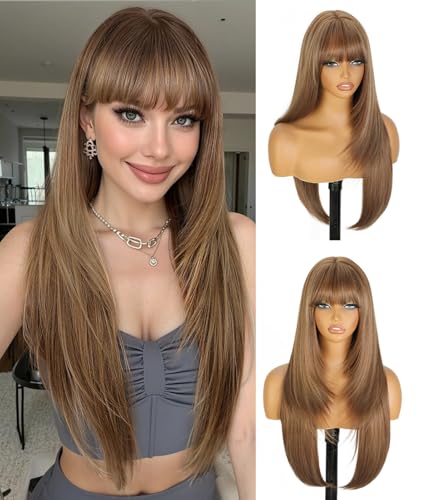 ENTRANCED STYLES Brown Mix Blonde Wig with Bangs for Women