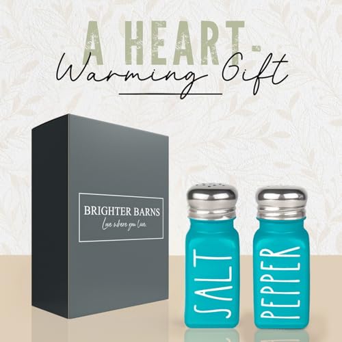 Image of Teal Salt and Pepper Shakers Set by Brighter Barns - Cute Modern Farmhouse Teal Kitchen Decor for Home Restaurants Wedding - Gorgeous Vintage Glass Turquoise Shaker Sets with Stainless Steel