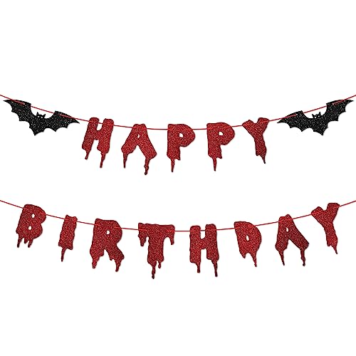 Red Glittery Happy Birthday Halloween Banner - Halloween Hanging Paper Garland Bunting Banner Bloody Bat Vampire Decorations, Photo Backdrop for Wall Home Mantle Office Wall Scary Party Supplies