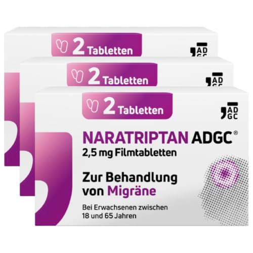NARATRIPTAN ADGC bei Migräne 2 5mg - 3x 2 Stück - für akute Behandlung von Kopfschmerzen bei Migräne mit und ohne Aura - kann Begleiterscheinungen von Migräne lindern wie z.B. Übelkeit