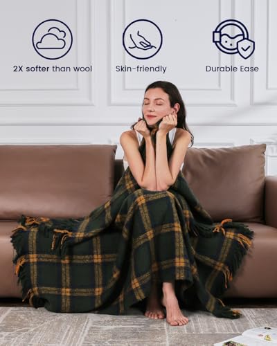 Zonli KS-002 Green Plaid Throw Blanket, 50'' X 60'' Decorative Vintage Blankets With Tassel For Couch, Bed thumb #6