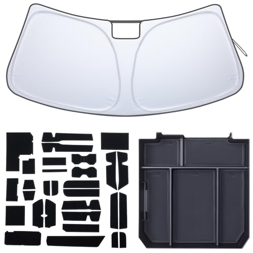 Image of TOPINSTALL 3PCS Interior Accessories Compatible with 2022-2024 Tundra, Full Size Black Console Tray, Foldable Windshield Sun Shade, and Black Premium Liner Set-30PCS