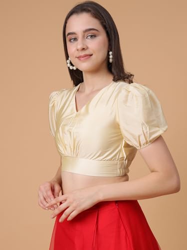 Image of Frolic Rolic Premium Silk V-Neck Blouse Readymade Saree Blouse - Designer Puff Sleeve Blouse for Wedding